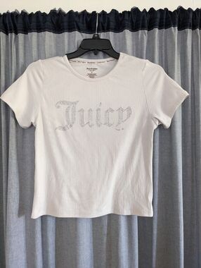 Juicy Couture Top Women's XL Rhinestone Ribbed Sleepwear Beige Stretch Y2K